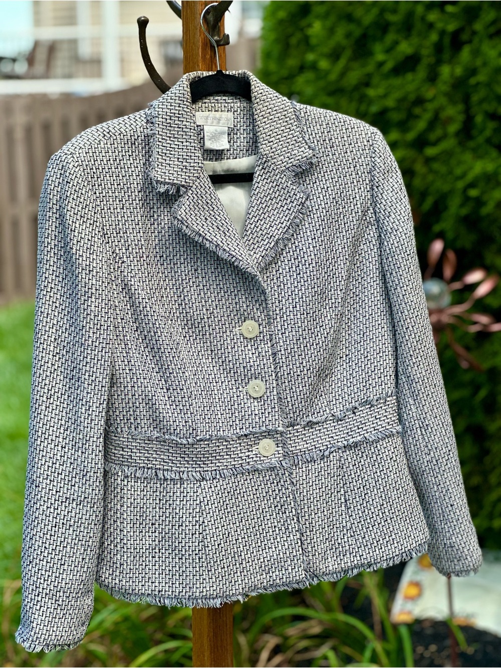 Worthington Silk Cotton Textured Blazer Jacket Size 10 Fringe Trim